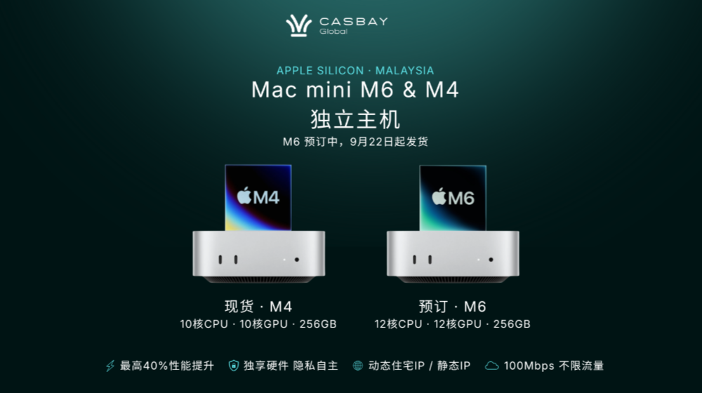 图片[1]-Casbay 马来西亚Mac mini M6/M4独立主机 12核CPU 12核GPU/10核CPU 10核GPU 256GB 100M不限流量 $109/月起-特资啦！个人资源分享站